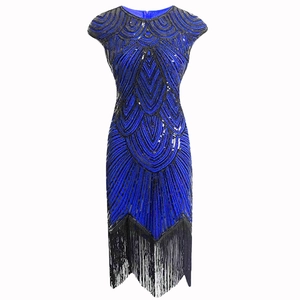 1920s vintage Gatsby sequin dress in royal blue with black fringe trim details