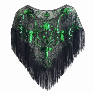 Vintage 1920s black mesh cape with green sequins and long fringe tassels for parties
