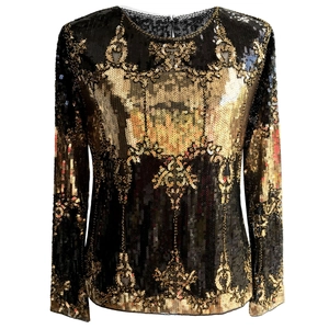 Women Elegant Baroque Sequin Long Sleeve Blouse Top Shiny Floral Embroidered Glitter Party Shirt Round Neck Mesh Top
