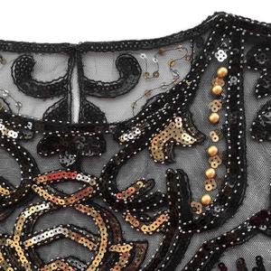 Funkelndes schwarzes Netzoberteil für Damen mit goldfarbenen Pailletten und Perlenstickerei