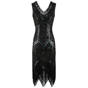1920s Gatsby style vintage black and silver sequined flapper dress with fringe hem