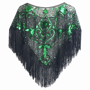 Detail of vintage 1920s black mesh shawl with green sequins floral patterns and long fringe
