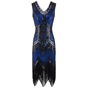 Navy 1920s vintage flapper dress with V-neck, sequins, and fringe in Art Deco style