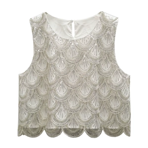 Women Elegant Sequin Beaded Sleeveless Crop Top Scalloped Geometric Pattern Round Neck Party Nightclub Vest