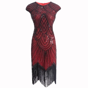 Women 1920s Gatsby Sequin Tassel Dress Vintage Beaded Flapper Party Evening Gown Sleeveless Round Neck Formal Wedding Vestidos