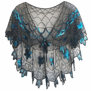 Châle rétro des années 1920 en maille noire avec paillettes bleues et motifs papillons