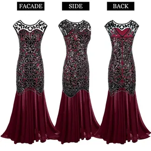 Vintage 1920s evening dress with black sequin embroidery and wine red mermaid skirt