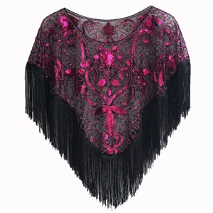 Exquisite 1920s vintage black mesh shawl with rose red sequins and fringe tassels