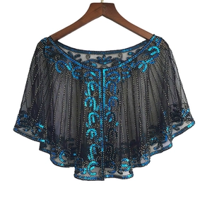 Detail of 1920s vintage black mesh capelet with royal blue sequin wave embroidery
