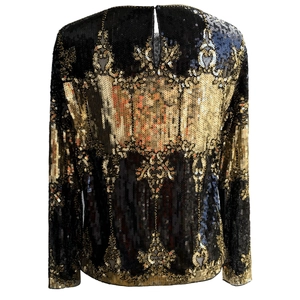 Black long sleeve sequin top with gold baroque pattern for evening party wear