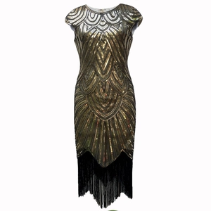 Retro 1920s Gatsby style sequin dress with Art Deco patterns and black fringe hem