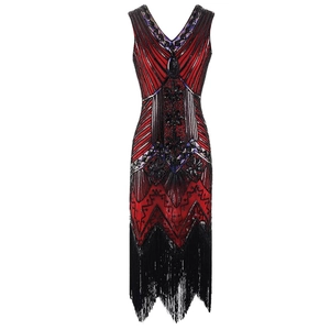 1920s vintage Gatsby flapper dress with sequins and long black tassels, red and black