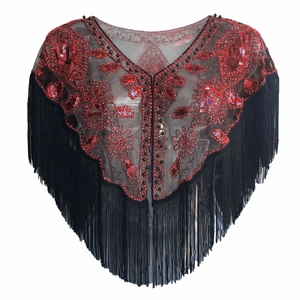 Vintage 1920s style black mesh shawl with red sequins and long tassels for evening dresses