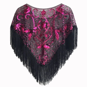 Detail of 1920s vintage black mesh shawl with rose red sequins and fringe trim