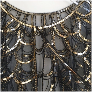 1920s vintage evening shawl with black mesh and layered gold and silver sequins