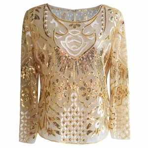 Damen Goldene Pailletten-Langarmbluse aus Mesh mit glitzernden Perlen für Partys
