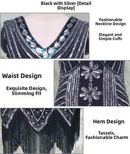 Detail of V-neckline, floral sequin waist, and long fringe hem on vintage 1920s dress