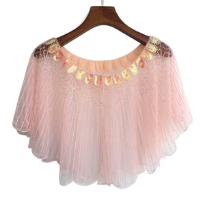 Detailed close-up of pink lace evening capelet with iridescent sequins and mesh texture