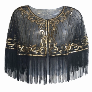 1920s vintage black mesh shawl with gold sequins embroidery and long fringe trim