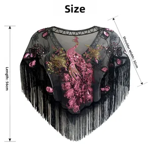 Size chart showing 56cm length and 32cm shoulder width for the sequin peacock shawl