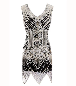 Women 1920s Flapper Dress Gatsby Style Vintage V Neck Sleeveless Sequin Bead Embroidery Irregular Hem Evening Party Dress