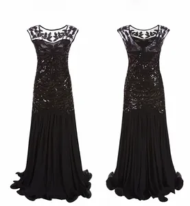 Front and back view of elegant black 1920s flapper dress with sequins and lace appliques