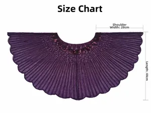 Detailed size chart for vintage sequin shawl showing 28cm shoulder and 44cm length