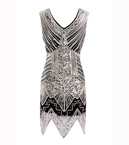 Retro 1920s Gatsby sequin dress with V-neck, sleeveless gold patterns and irregular hem