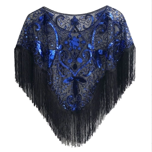 Vintage 1920s evening shawl with royal blue sequins and elegant black fringe details