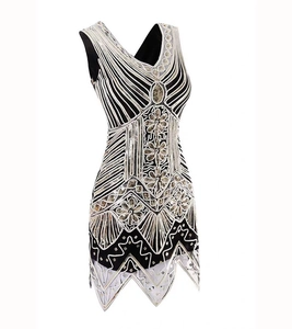 Elegant 1920s Gatsby vintage V-neck sequined flapper dress with floral patterns