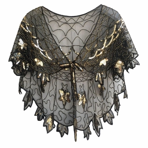 Châle Vintage à Paillettes Pour Femmes Style Années 20 Bolero de Soirée Avec Broderie Papillon En Maille Ourlet Festonné