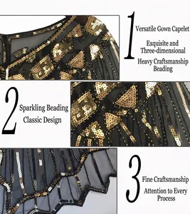 Detailed close-up of 1920s vintage black mesh cape with gold sequins and beaded patterns