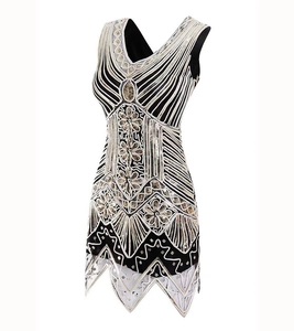 Vintage 1920s Gatsby style V-neck sleeveless black sequin dress with beaded patterns