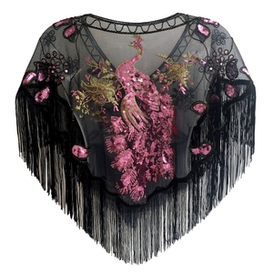 Elegant black mesh shawl with pink peacock sequin embroidery and long tassel trim