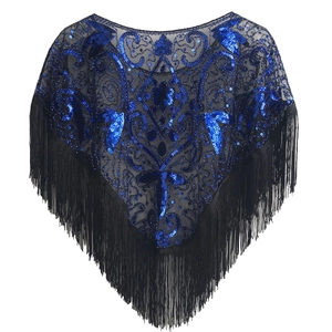 Detail of 1920s vintage mesh shawl with blue sequins, floral patterns, and black fringe