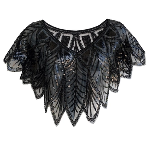 Vintage 1920s style sequin evening shawl featuring black mesh with intricate floral patterns