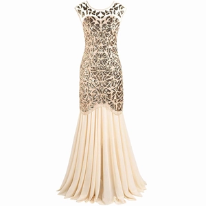 1920s vintage champagne gold sequin long evening gown with sleeveless mermaid hem