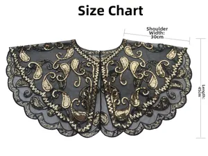 Detail view of black mesh shawl with gold paisley sequins and size measurements guide
