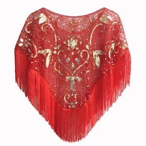 Detail of red mesh shawl with gold floral sequins and long fringe for evening parties