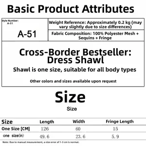 Size chart for vintage 1920s shawl with sequins, beads, fringe details and polyester mesh