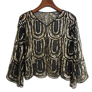 Black mesh short shrug with sequins and bell sleeves for 1920s evening party dresses