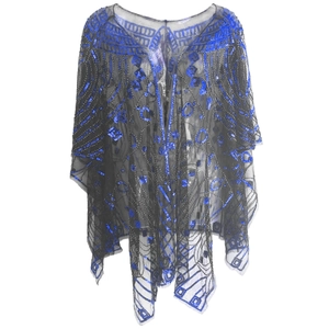 Châle vintage style années 1920 en maille noire avec broderies de paillettes bleues