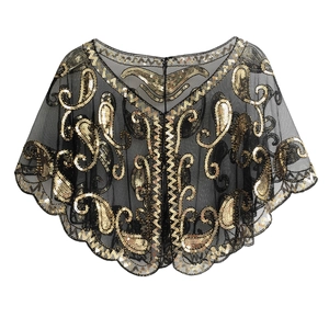 Women Retro 1920s Gatsby Sequin Cape Mesh Shawl Evening Wrap For Wedding Party Bridal Paisley Sheer Bolero Short Jacket