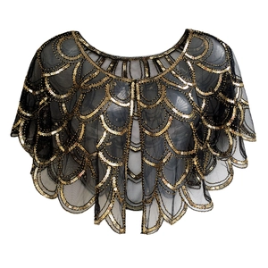 Women 1920s Vintage Sequin Shawl Mesh Embroidery Scalloped Capelet For Evening Party Banquet Wedding Dress Cover Up Shawl