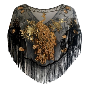 Elegant black mesh shawl with gold sequin peacock embroidery and long fringe tassels