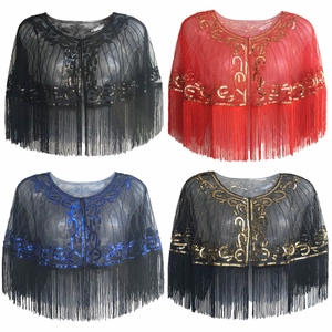Women Vintage 1920s Sequin Tassel Shawl Cape Embroidered Mesh Evening Wrap For Party Wedding Banquet Gatsby Costume Dress Accessory