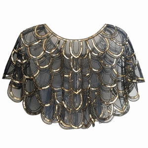 Vintage 1920s black mesh cape with gold sequins in fan pattern for evening gown