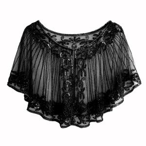 Elegant 1920s vintage style black sequin bolero wrap cape with intricate embroidery