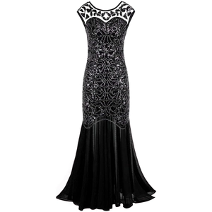 Retro 1920s Gatsby style black sequined evening gown with mermaid hem and beadwork
