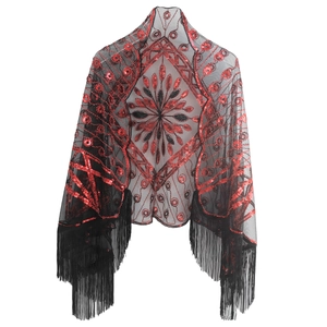 1920s vintage evening shawl with red sequins, black mesh and long fringe detail